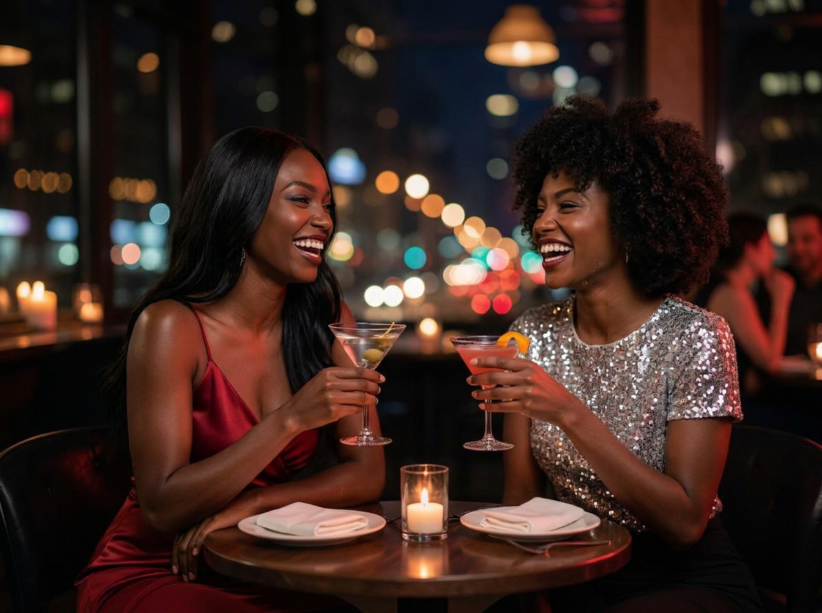 Two women in red dresses toasting champagne at a city restaurant