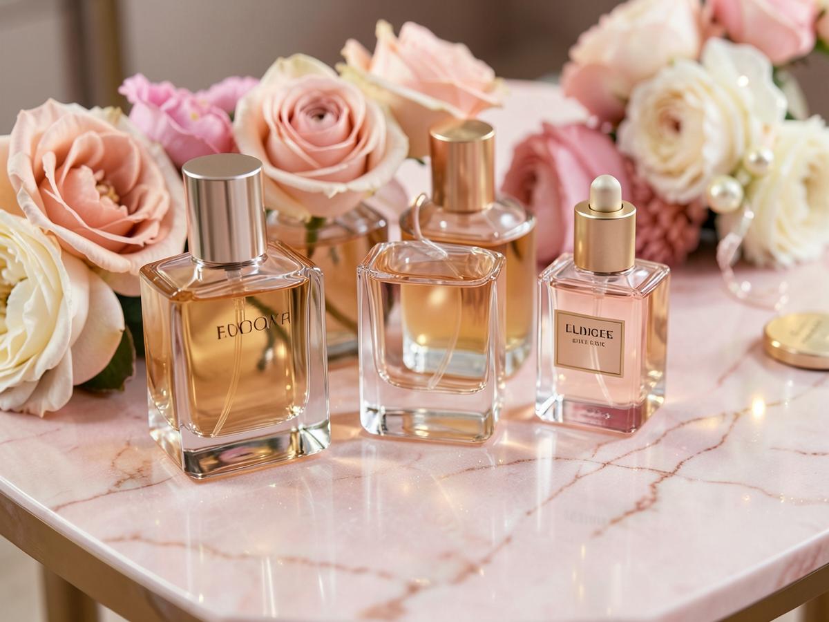 Perfume bottles and blush florals on a pink marble table